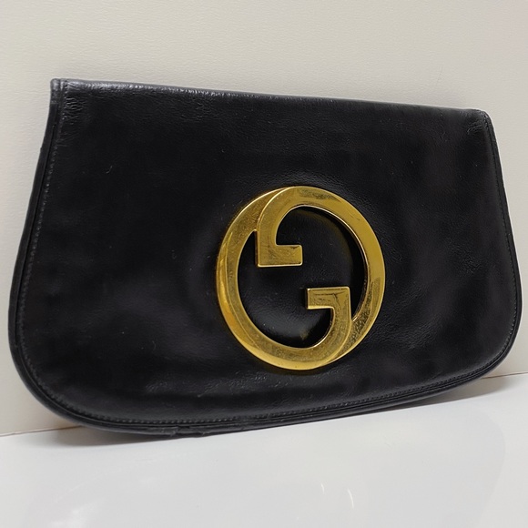 Gucci 1970’s Blondie Black Leather Gold Plated GG Logo Clutch Bag Italy - Picture 2 of 12